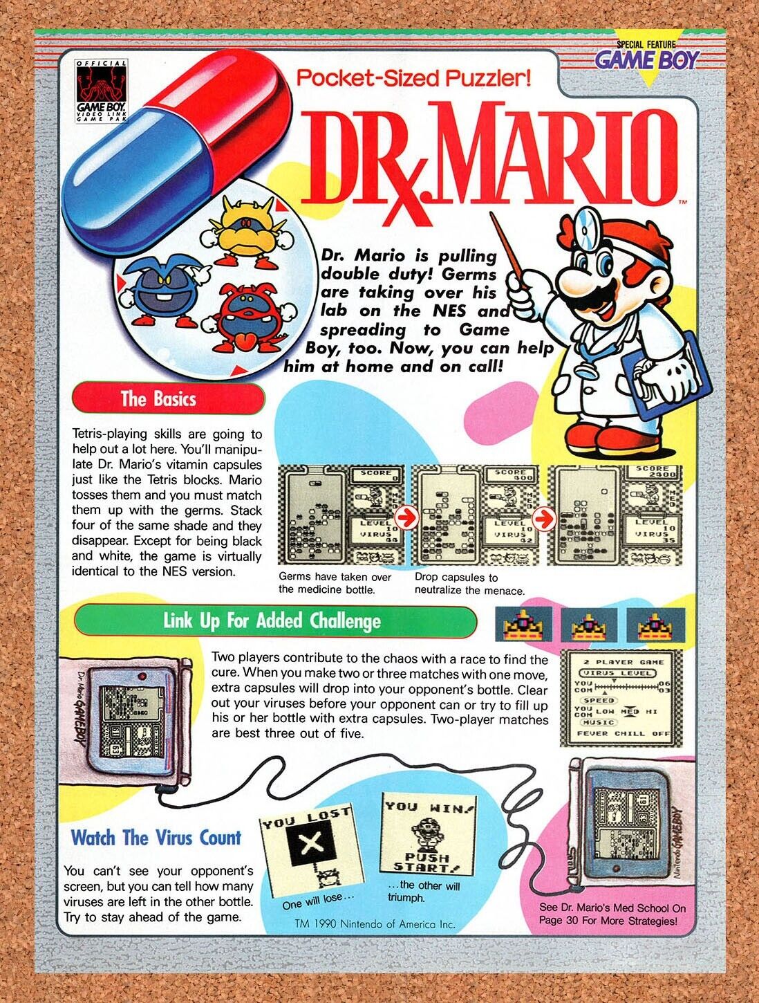 1990 Dr Mario Game Boy Original Advertisement / Retro Wall Art v1