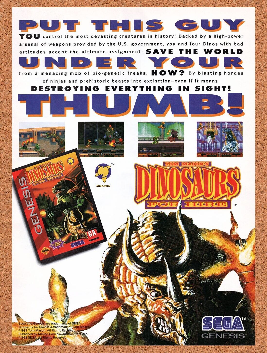 1993 Dinosaurs for Hire Genesis Original Advertisement / Retro Wall Art v1