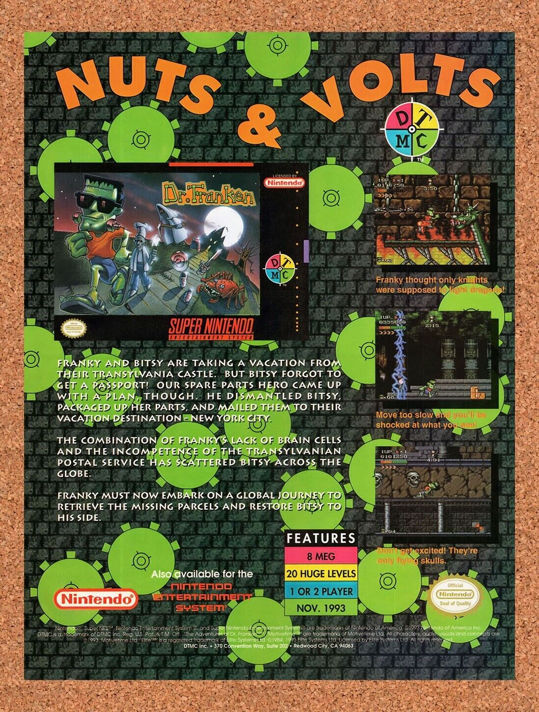 1993 Dr Franken SNES Original Advertisement / Retro Wall Art v1
