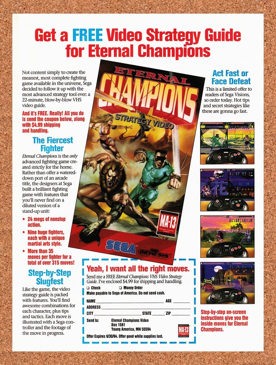 1994 Eternal Champions Strategy Guide Offer Original Advertisement / Promo v5