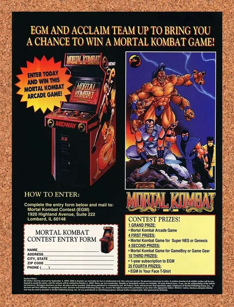 Mortal Kombat Arcade Sweepstakes Original 1994 Ad Authentic Video Game Promo