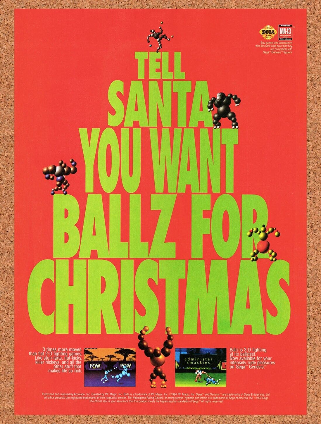 1995 Ballz Genesis Original Advertisement / Retro Wall Art v3