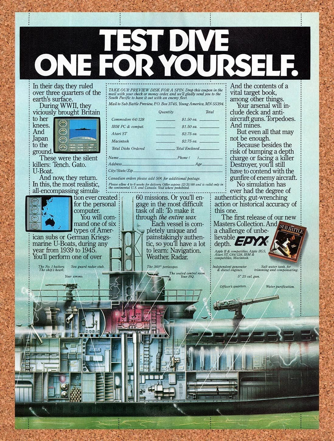 1987 Sub Battle Simulator Commodore 64 Original Ad / Retro Wall Art v1
