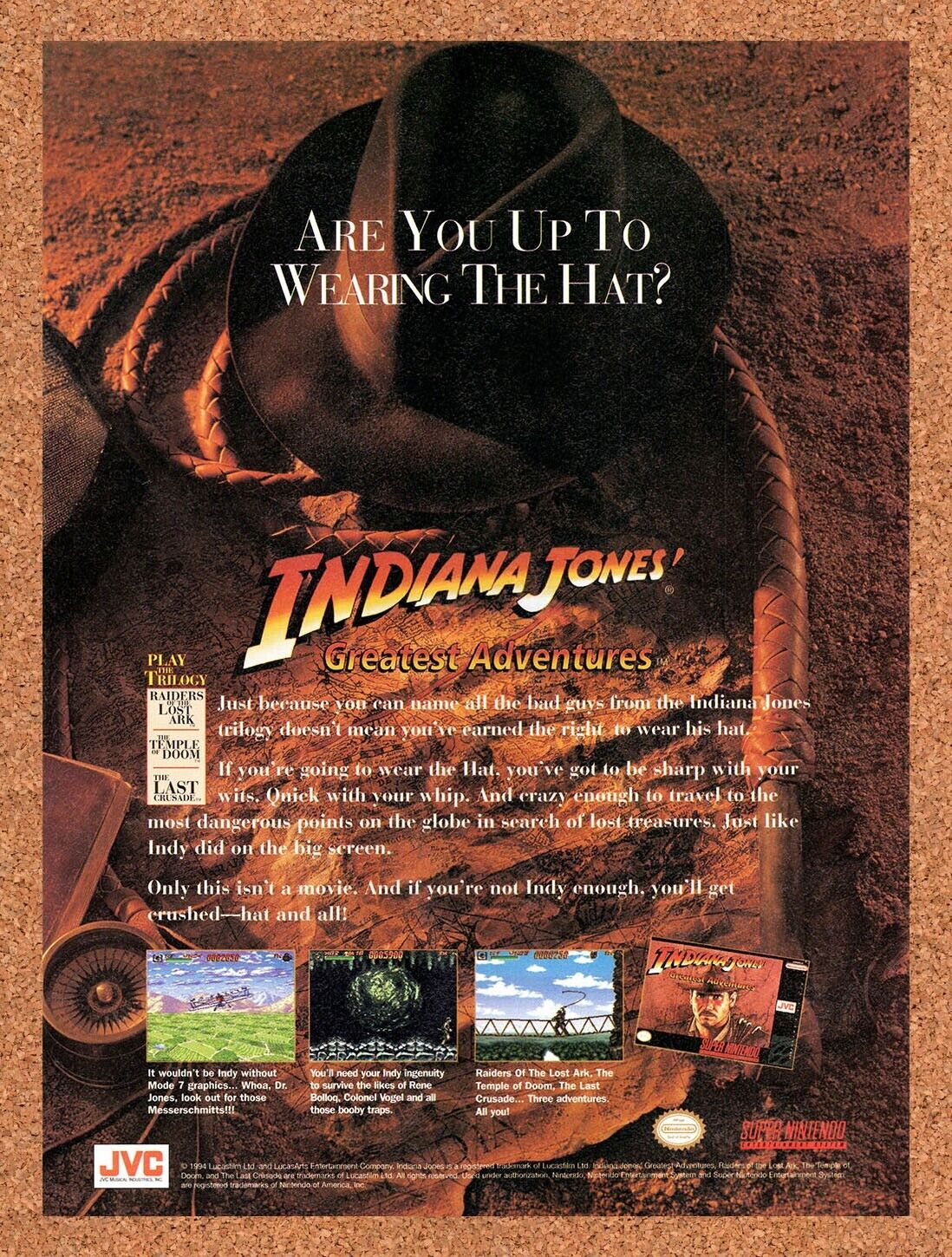 1994 Indiana Jones Greatest Adventures SNES Original Ad / Retro Wall Art v1