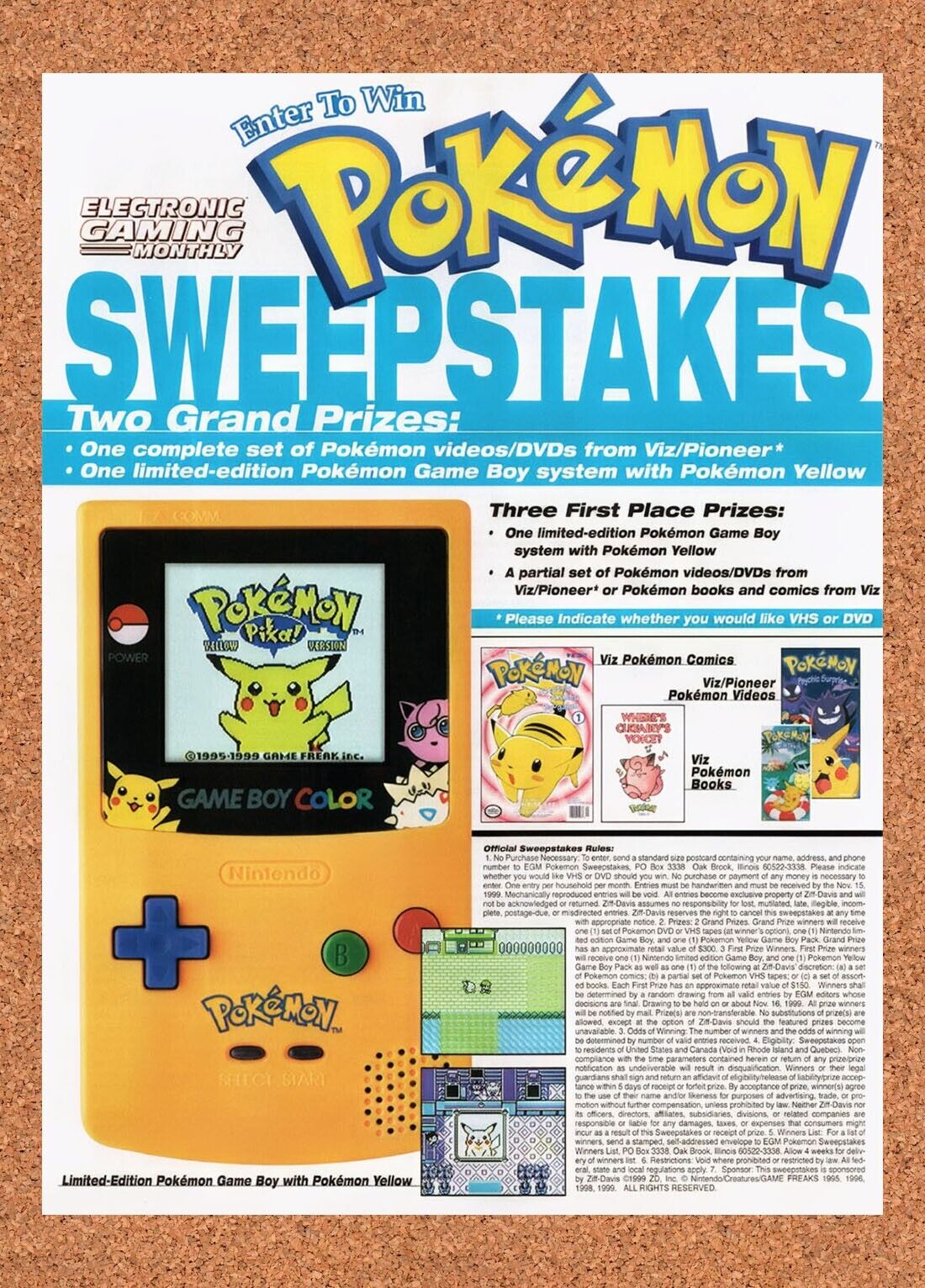 1998 Pokemon GBC Sweepstakes Original Advertisement / Retro Wall Art v2
