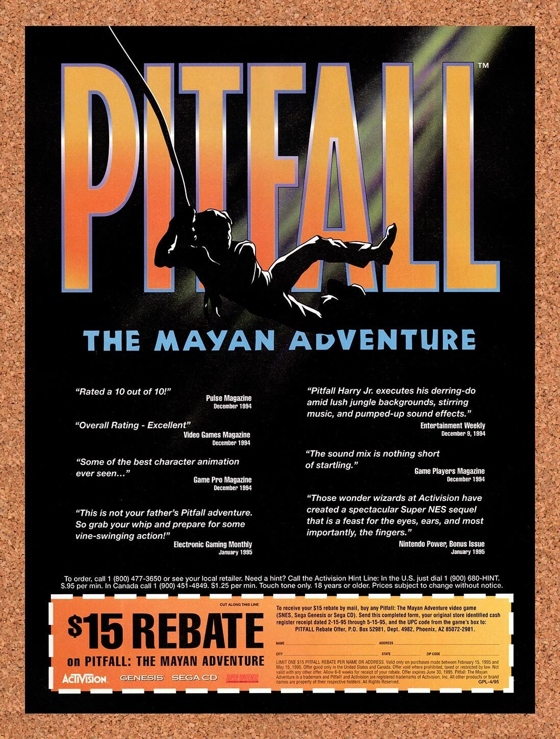1995 Pitfall Genesis Rebate Original Advertisement / Retro Wall Art v6