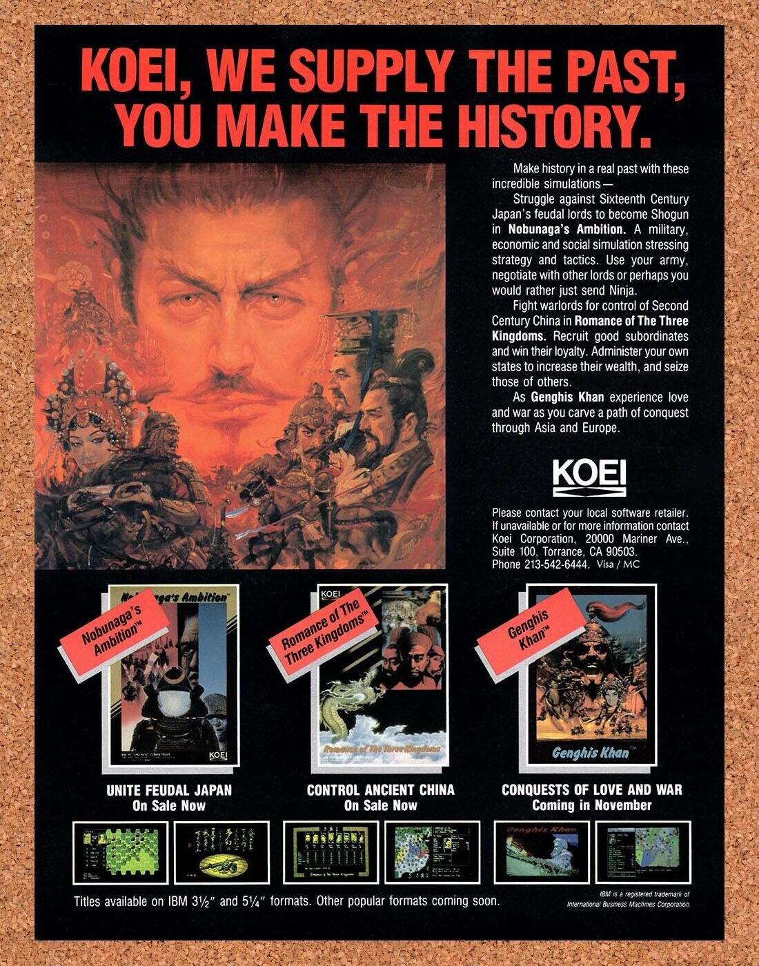Koei PC Games Original 1988 Vintage Ad - Genghis Khan Nobunaga Promo