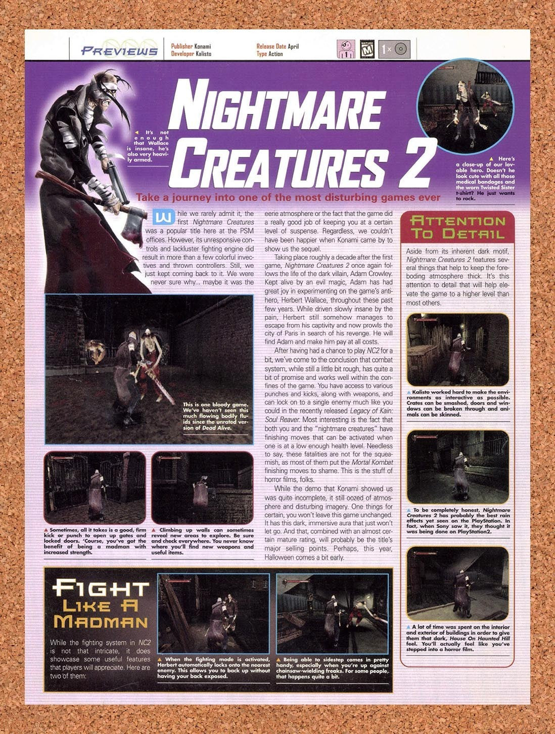 2000 Nightmare Creatures II PS1 Original Advertisement / Retro Promo vr1