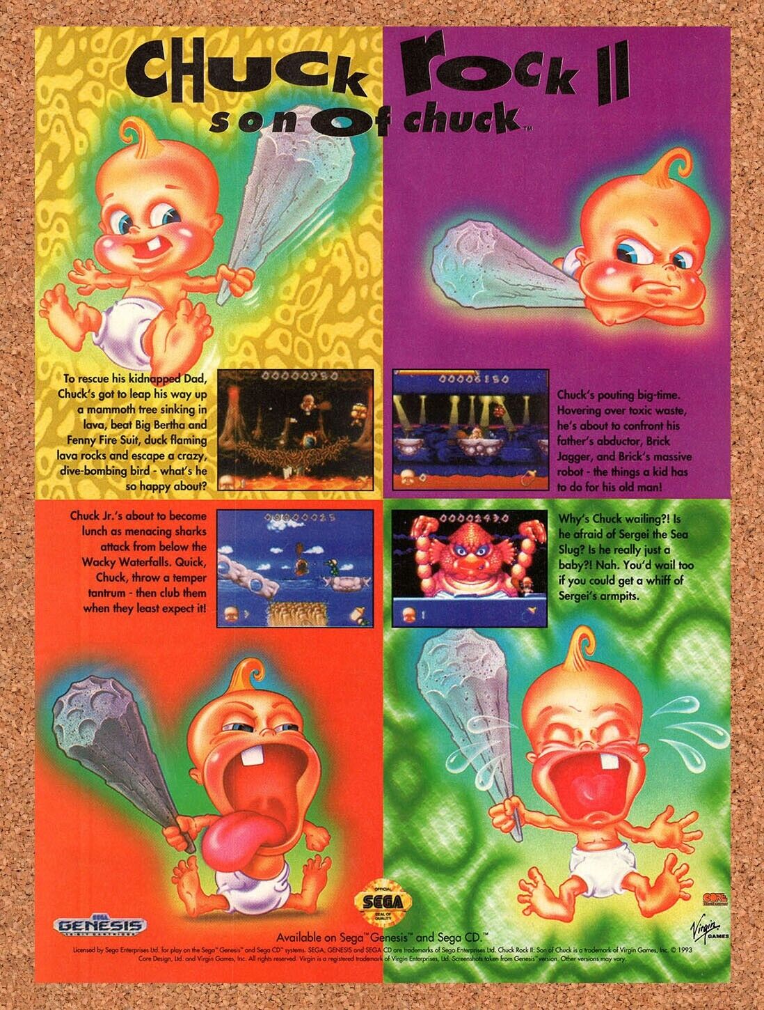 1993 Chuck Rock II Son Of Chuck Genesis Original Ad / Retro Wall Art v1