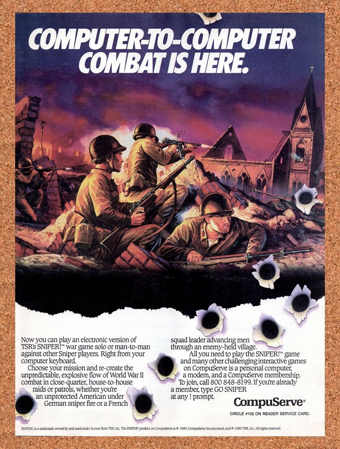 1989 CompuServe Computer-To-Computer Combat Original Ad / Retro Wall Art v1
