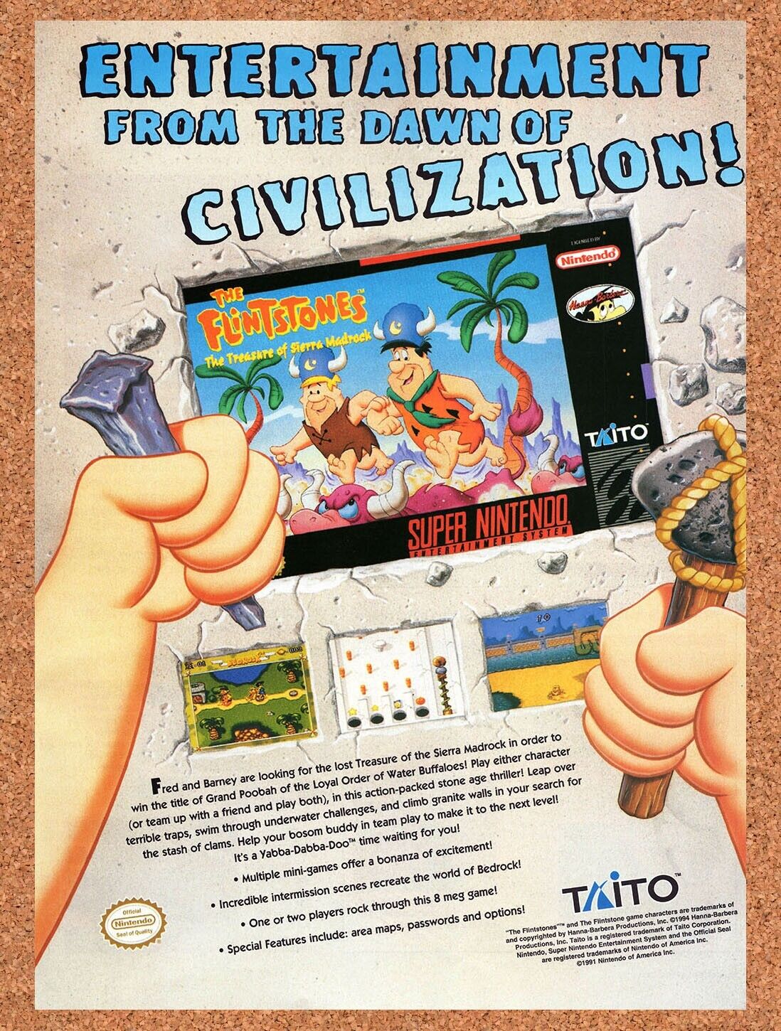 1994 Flintstones The Treasure Of Sierra Madrock SNES Original Ad / Wall Art v1