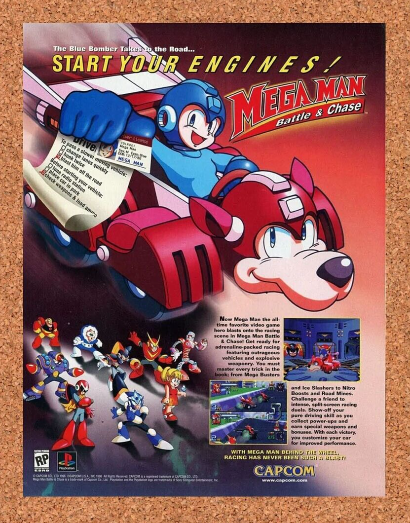 Mega Man Battle And Chase PS1 Original 1998 Ad Authentic Video Game Promo