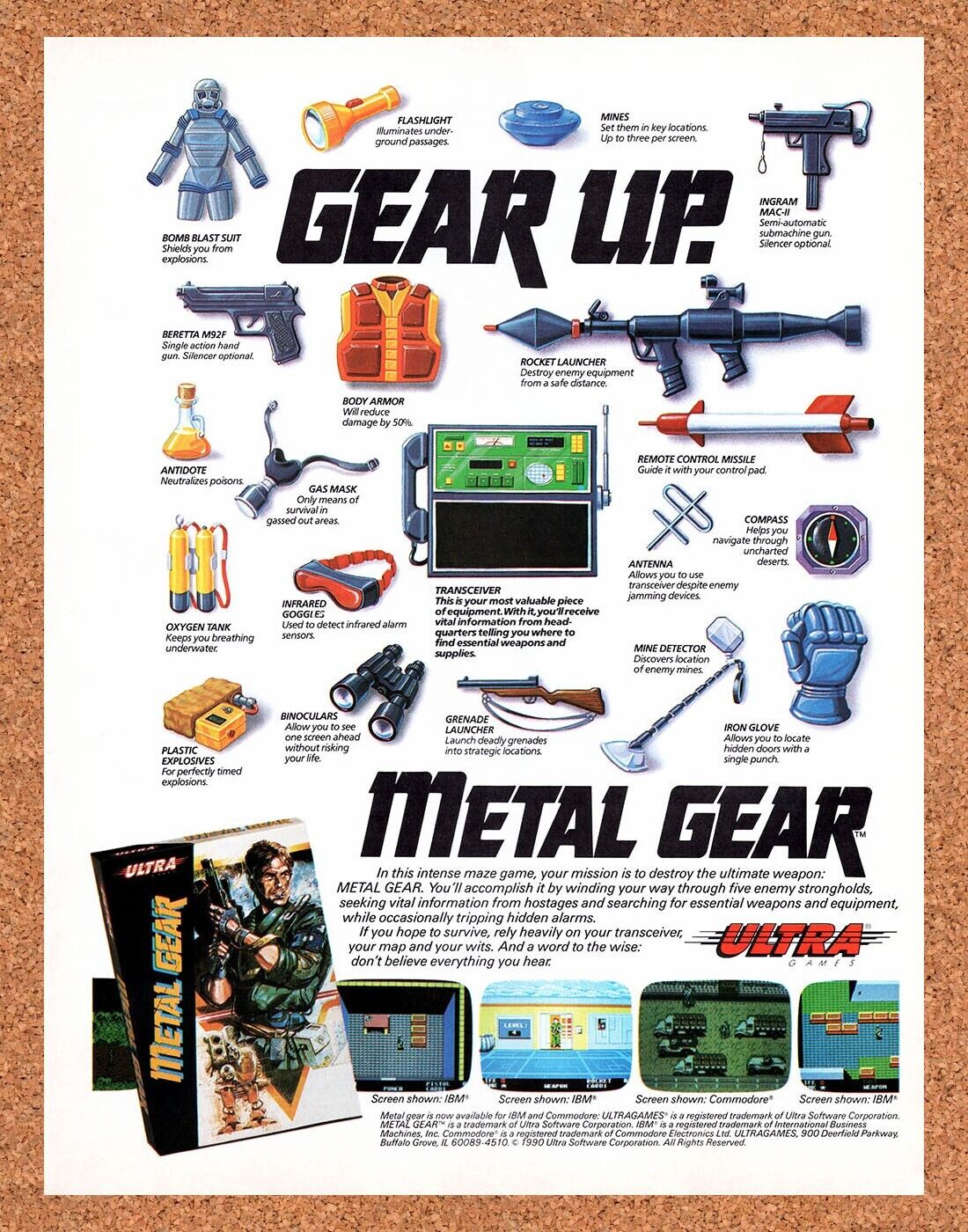 Metal Gear IBM Original 1990 Vintage Ad - Ultra Video Game Promo