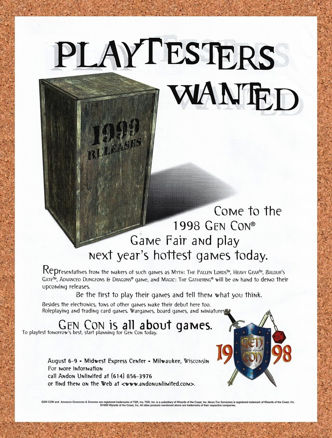 1998 Gen Con Game Fair Original Advertisement / Retro Promo v1