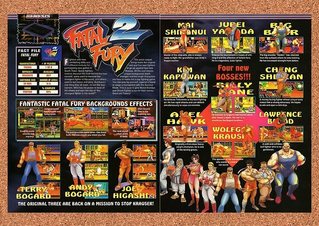 1994 Fatal Fury 2 Genesis Original Advertisement / Retro Wall Art v1