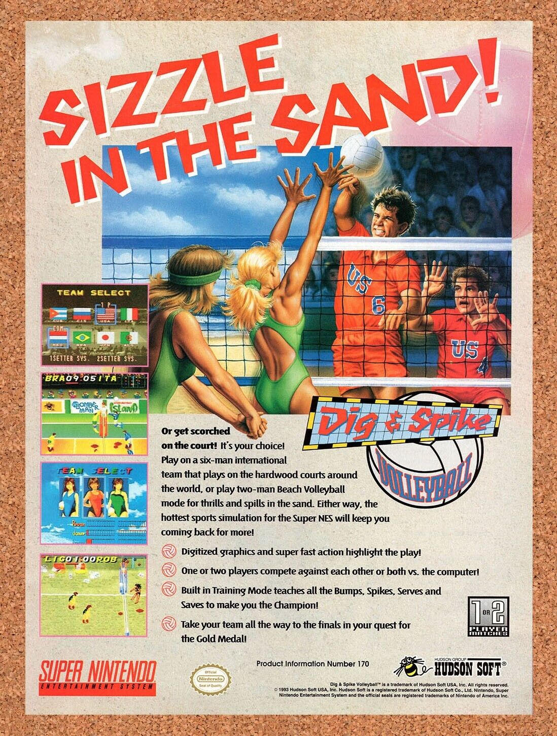 1993 Dig & Spike Volleyball SNES Original Advertisement / Retro Wall Art v1