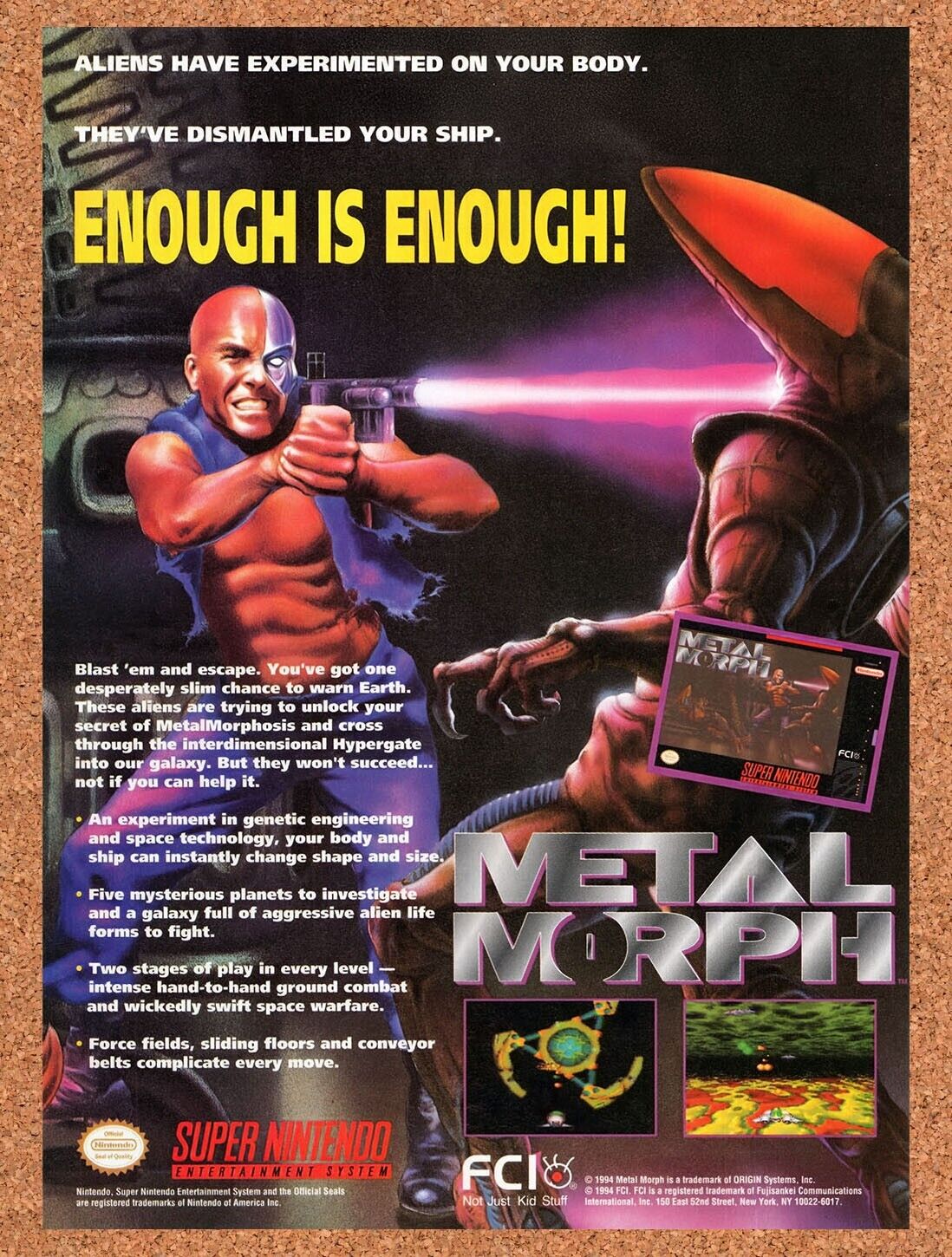 1995 Metal Morph SNES Original Advertisement / Retro Wall Art v1