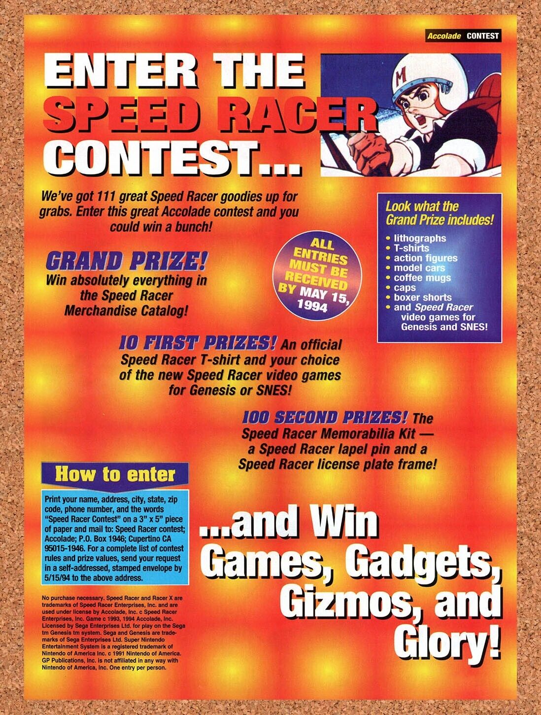 1994 Speed Racer Contest Original Advertisement / Retro Wall Art v2