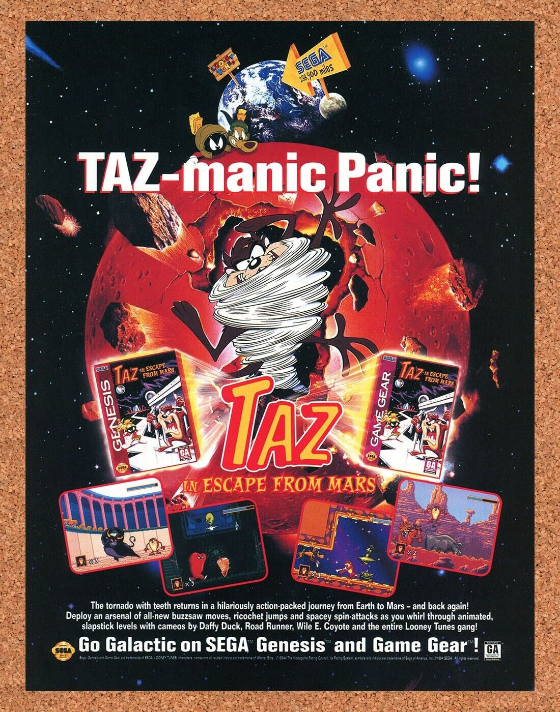 Taz Escape From Mars Genesis Original 1994 Ad Authentic Looney Video Game Promo