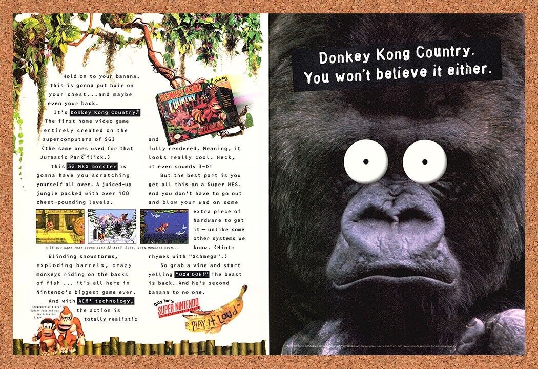 Donkey Kong Country SNES Original 1994 Ad Authentic Video Game Review Promo