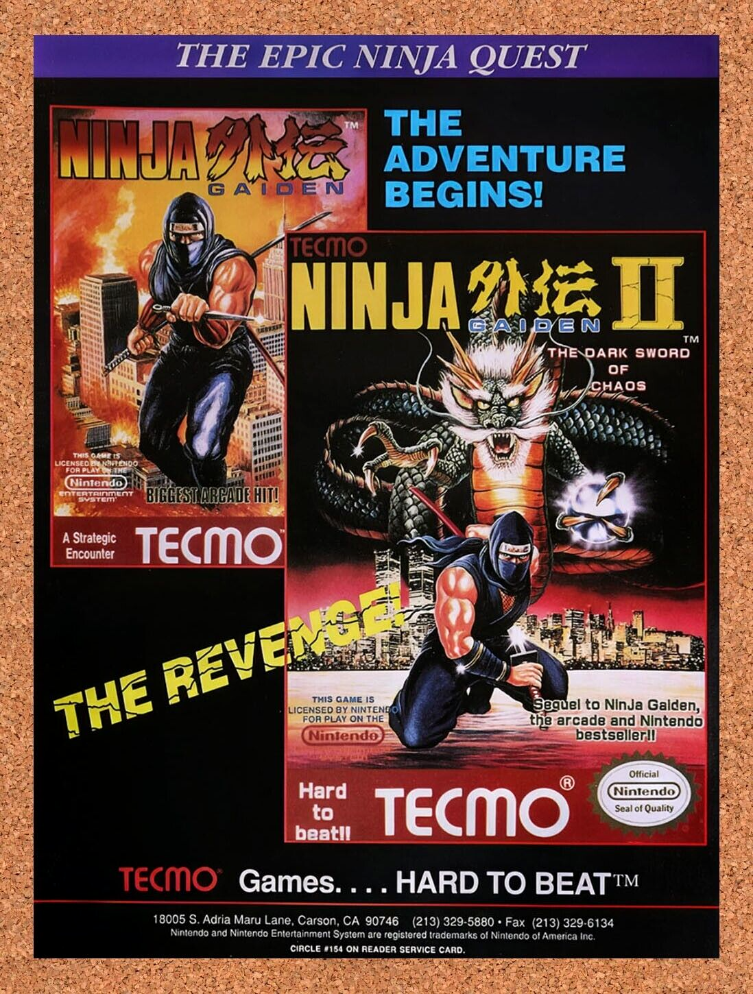 1990 Ninja Gaiden I & 22 NES Original Advertisement / Retro Wall Art v1
