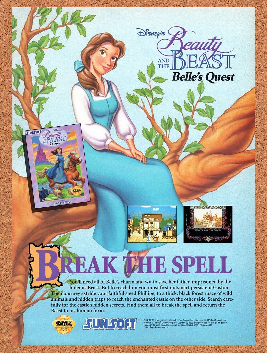 1993 Beauty And The Beast Belles Quest Genesis Original Ad / Retro Wall Art v1
