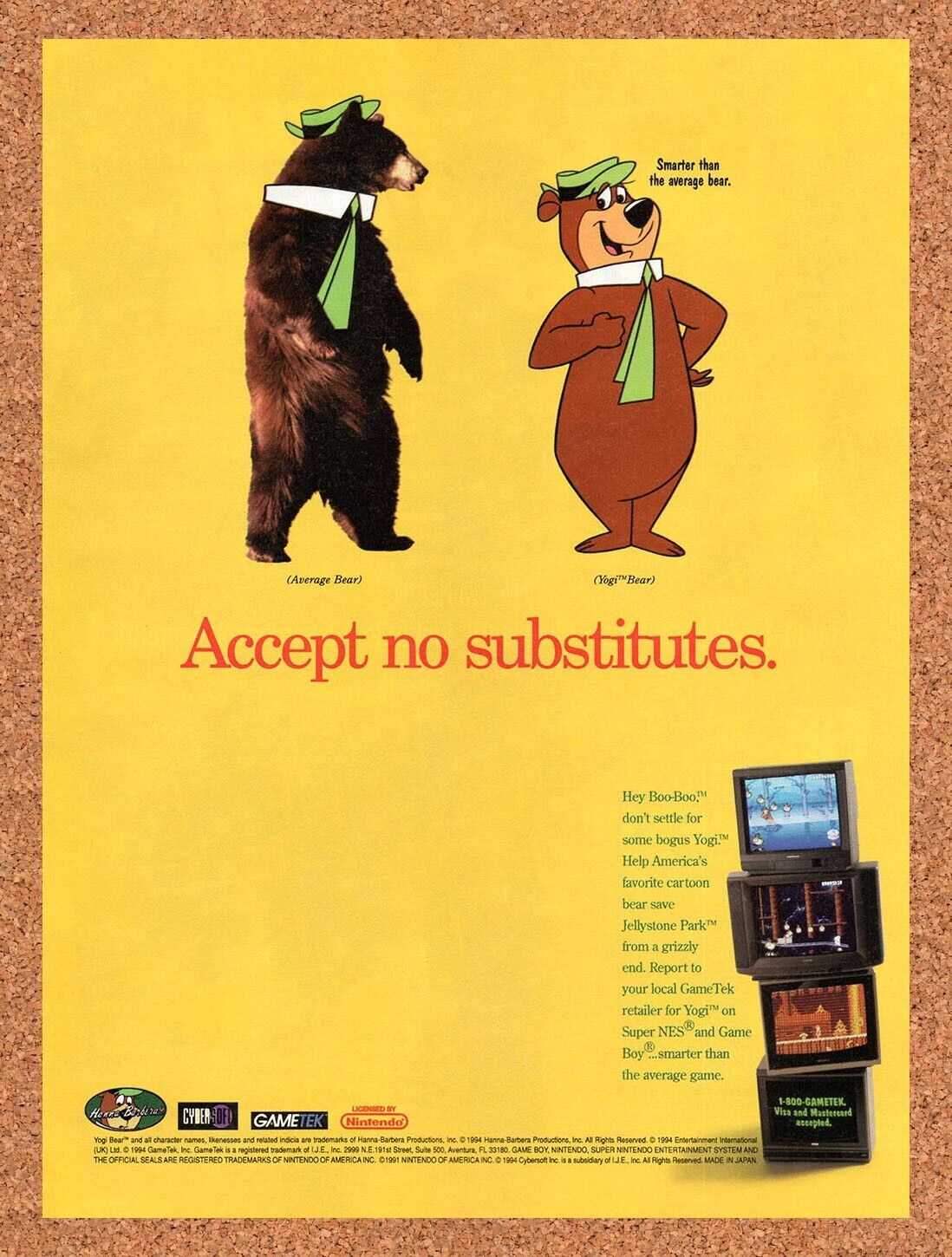 1994 Yogi SNES Original Advertisement / Retro Wall Art v1
