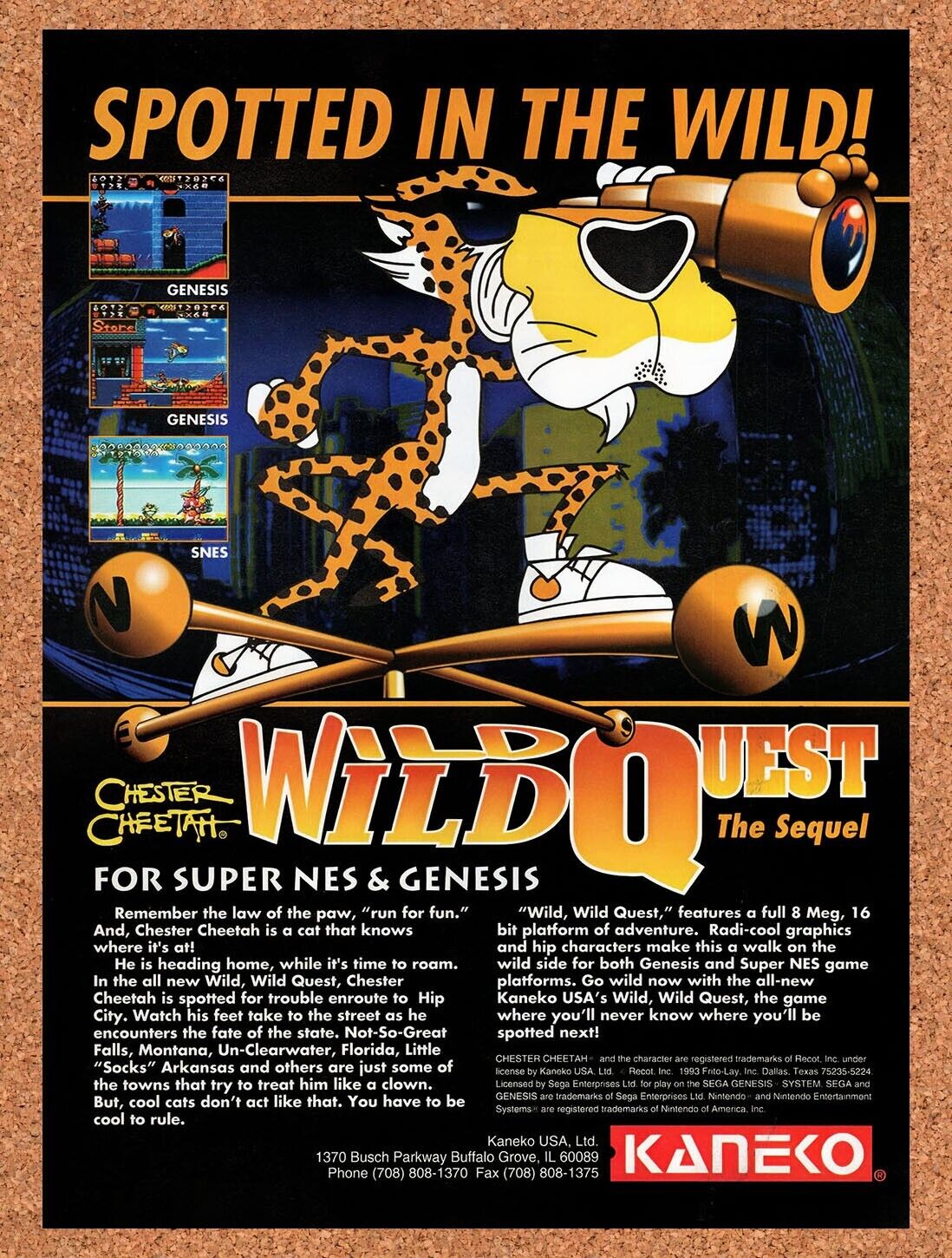 1993 Chester Cheetah Wild Wild Quest SNES Original Ad / Retro Wall Art v1