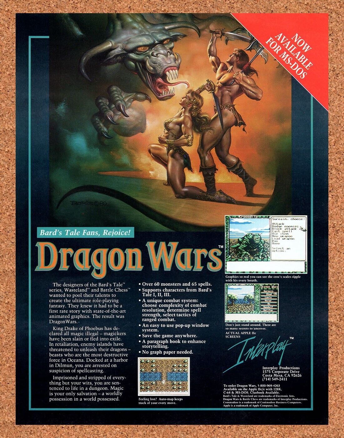 Dragon Wars MS-DOS Original 1990 Vintage Ad - Fantasy Video Game Promo