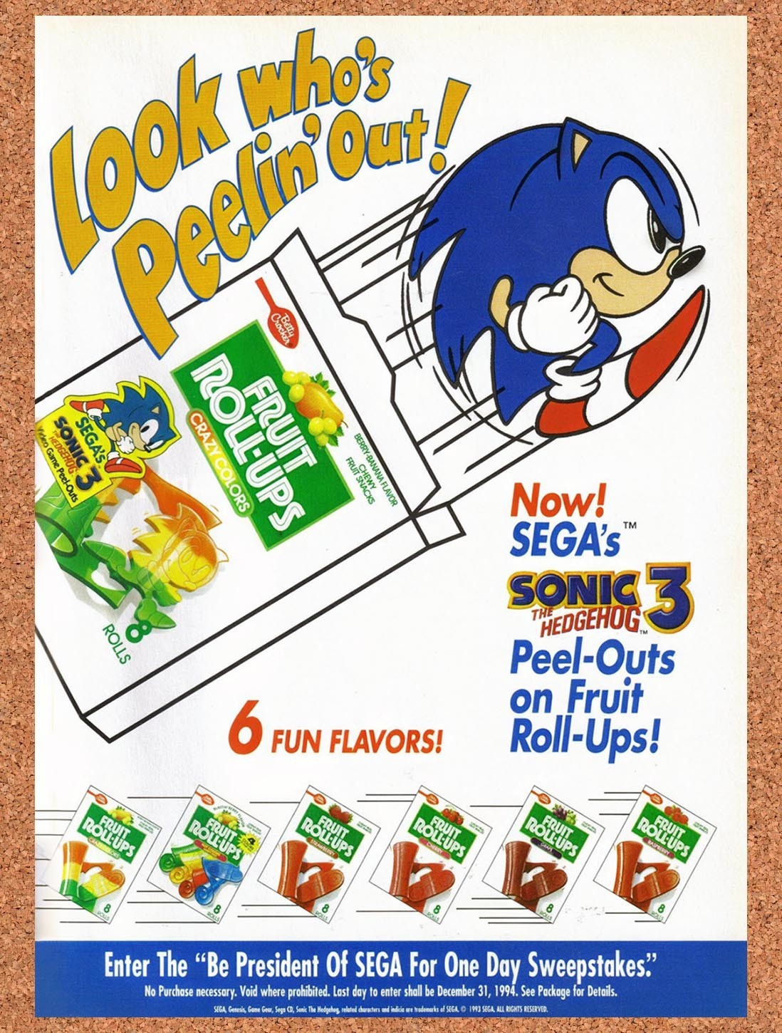 1993 Sonic 3 Fruit Roll-Ups Original Advertisement / Retro Promo v5