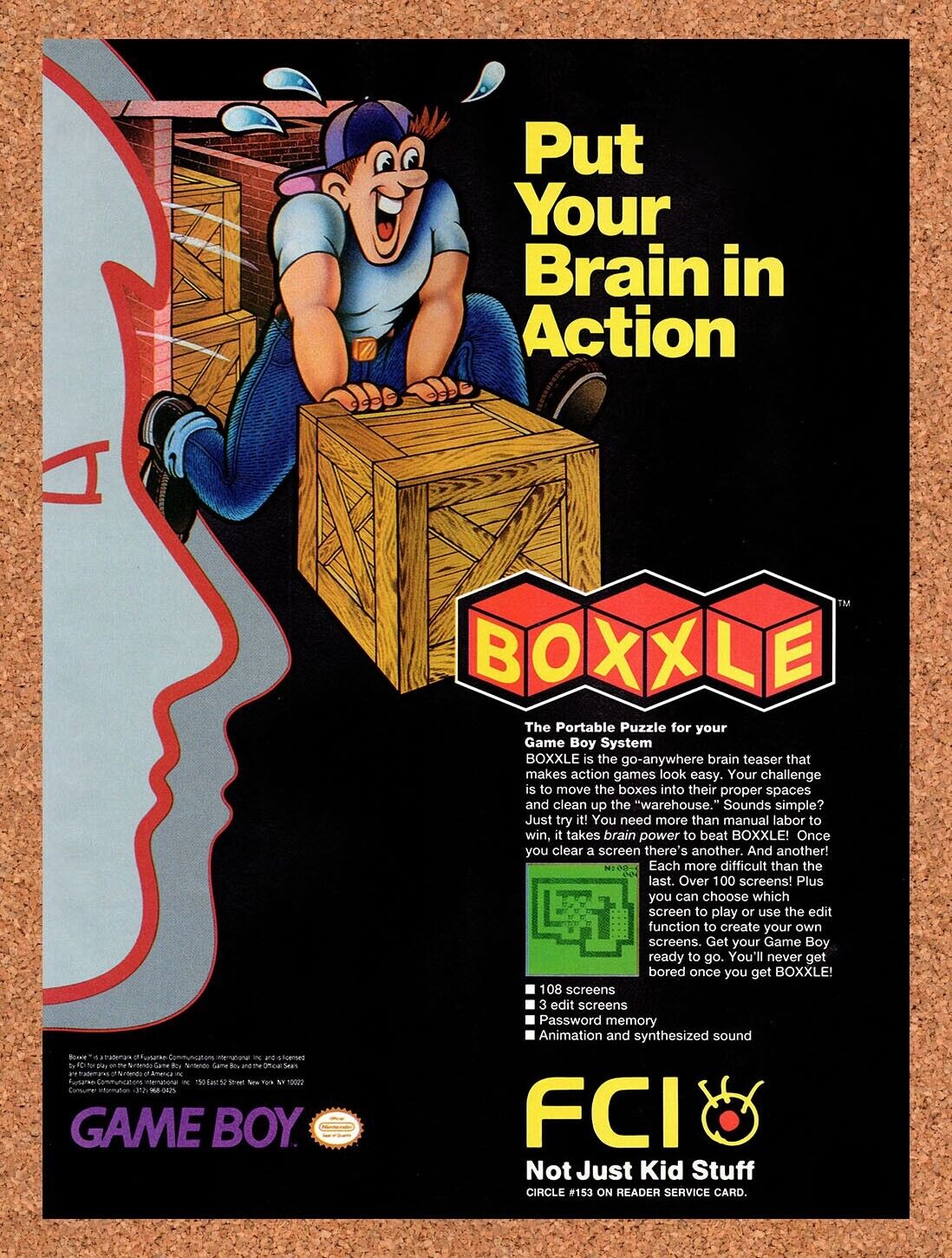 1988 Boxxle Game Boy Original Advertisement / Retro Wall Art v1