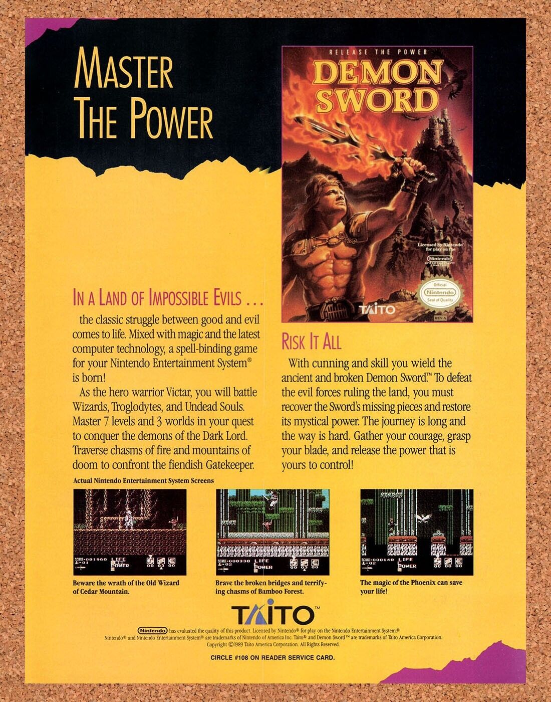 Demon Sword NES Original 1990 Vintage Ad - Taito Video Game Promo