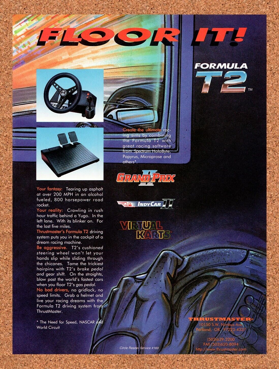 Thrustmaster Formula T2 Racing Wheel Original 1995 Vintage Ad - Video Game Promo