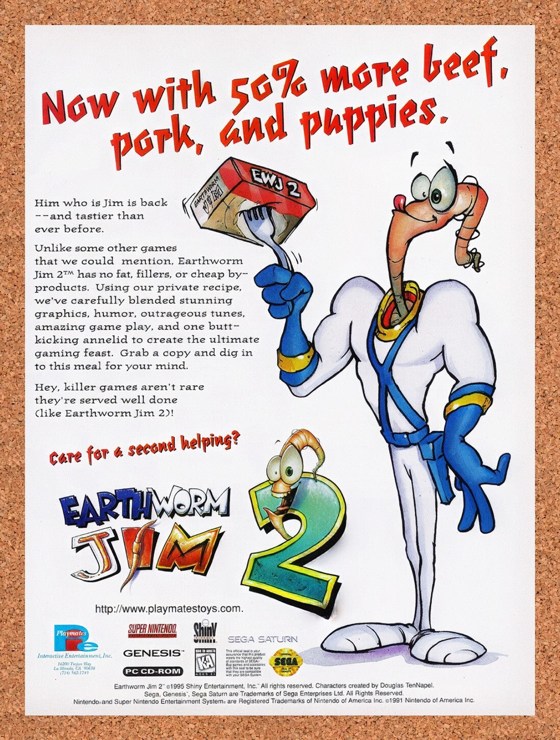 1995 Earthworm Jim 2 Genesis Original Advertisement / Retro Wall Art v1