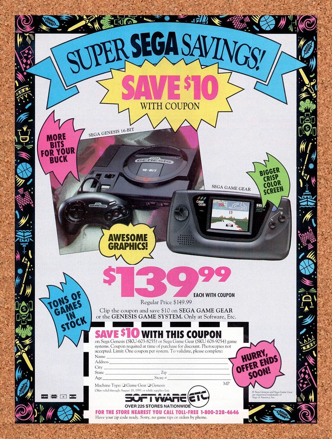 1991 Sega Consoles $10 Savings Rebate Original Advertisement / Retro Wall Art v2