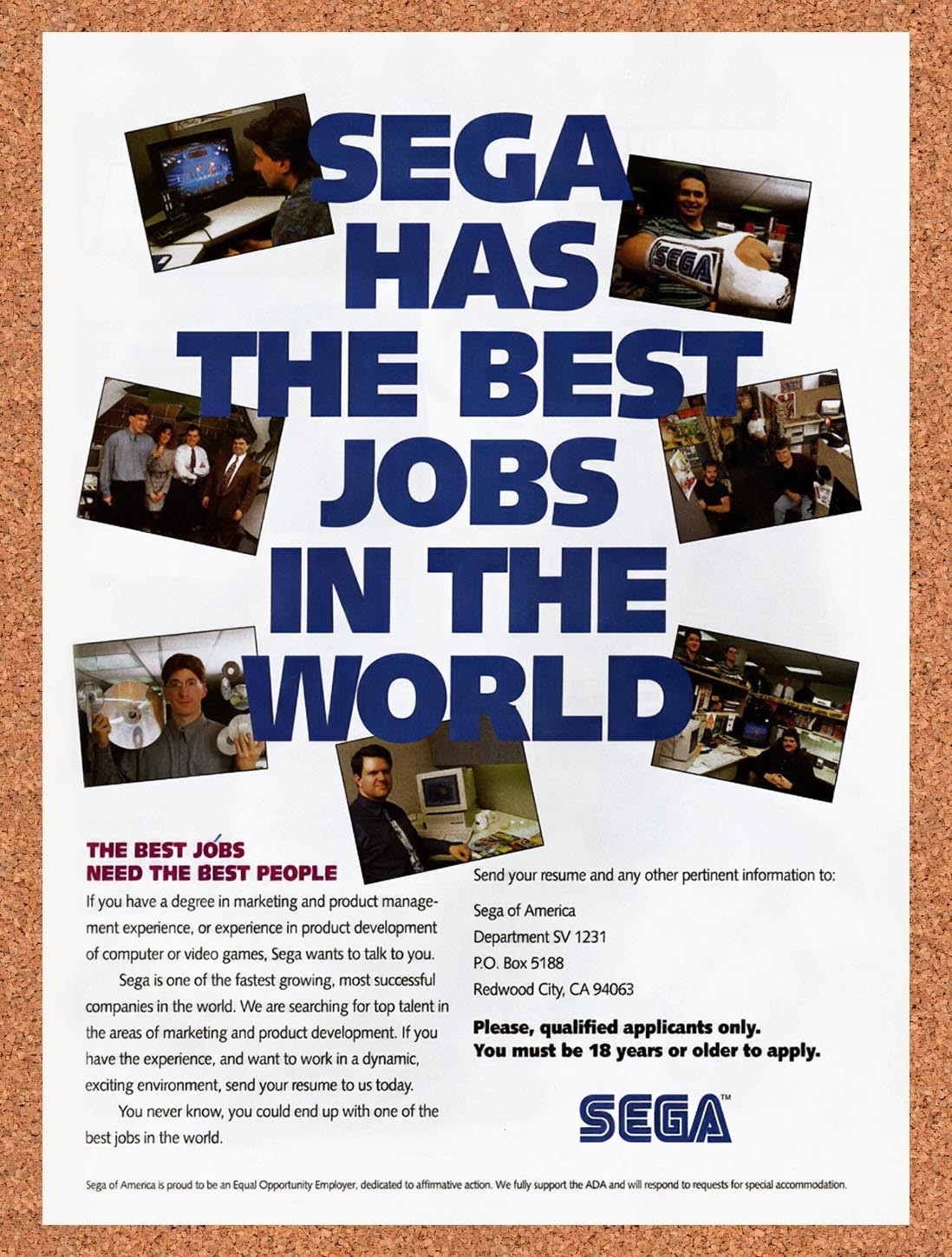 1994 Sega Jobs Hiring Original Advertisement / Retro Promo v1