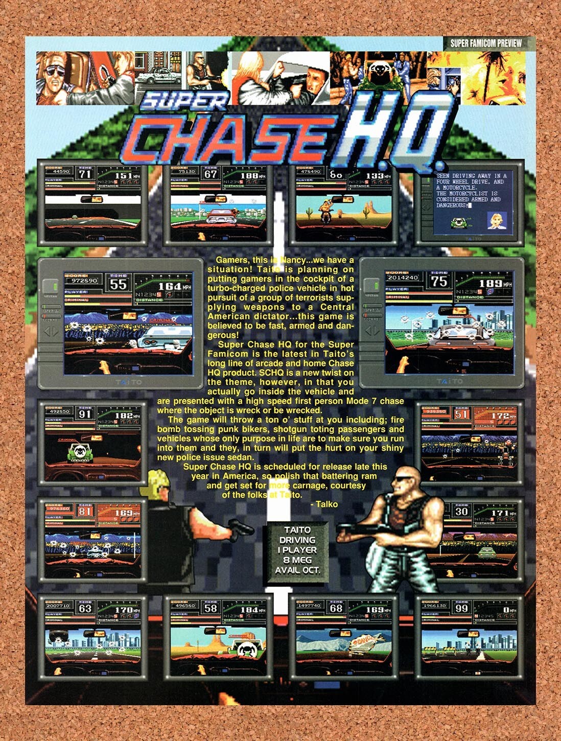 1993 Super Chase HQ Super Famicom Original Advertisement / Retro Wall Art v1