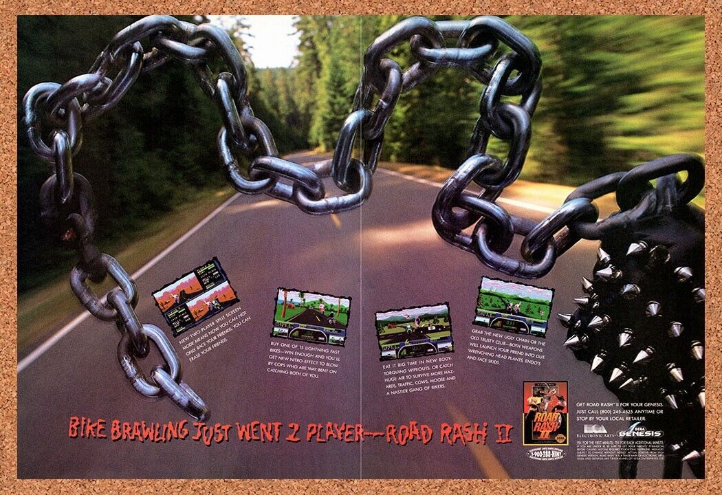 1993 Road Rash 2 Genesis Original Advertisement / Retro Wall Art v1