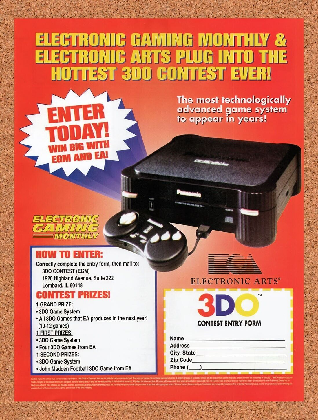 1993 EA 3DO Sweepstakes Original Advertisement / Retro Wall Art v1