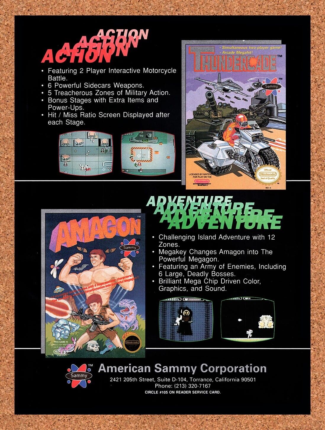 1990 American Sammy Corporation NES Games Original Ad / Retro Wall Art v2