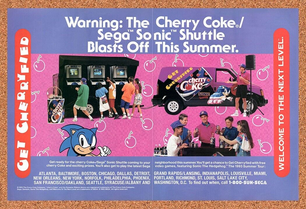 Sonic Genesis Original 1992 Vintage Ad - Cherry Coke Video Game Truck Promo