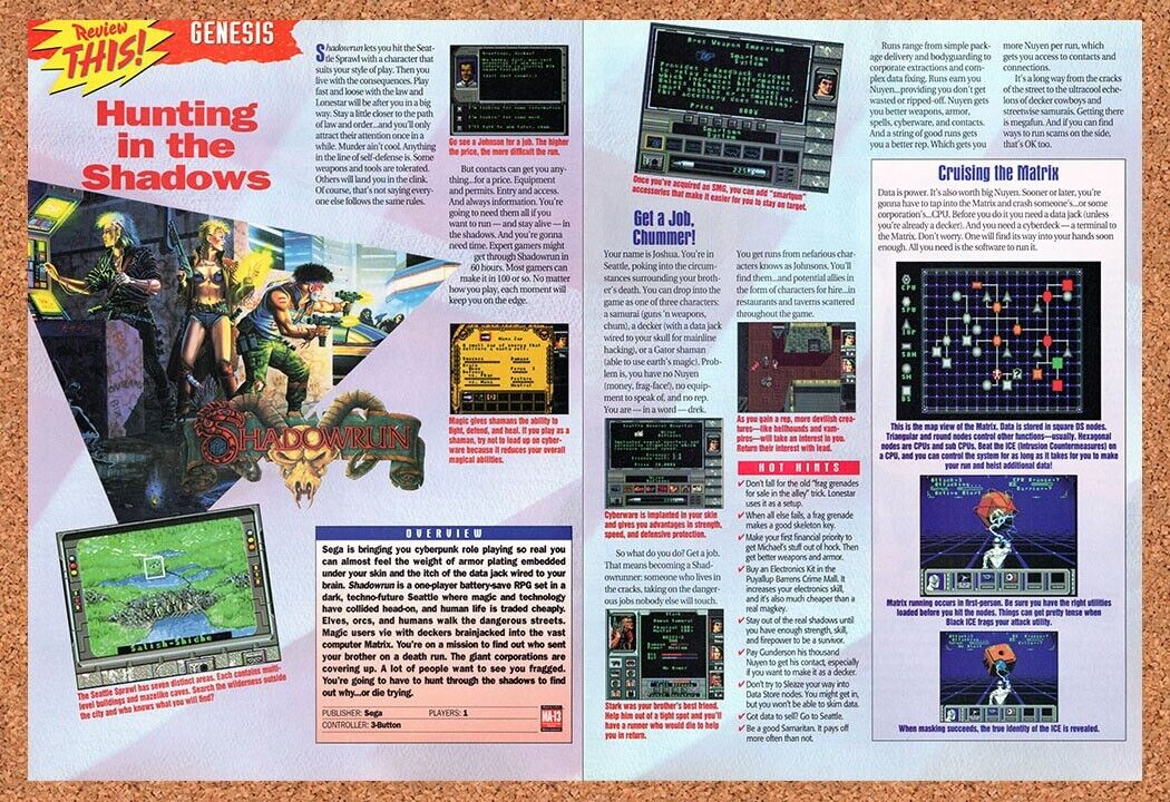 1994 Shadowrun Genesis Original Advertisement / Retro Wall Art v9
