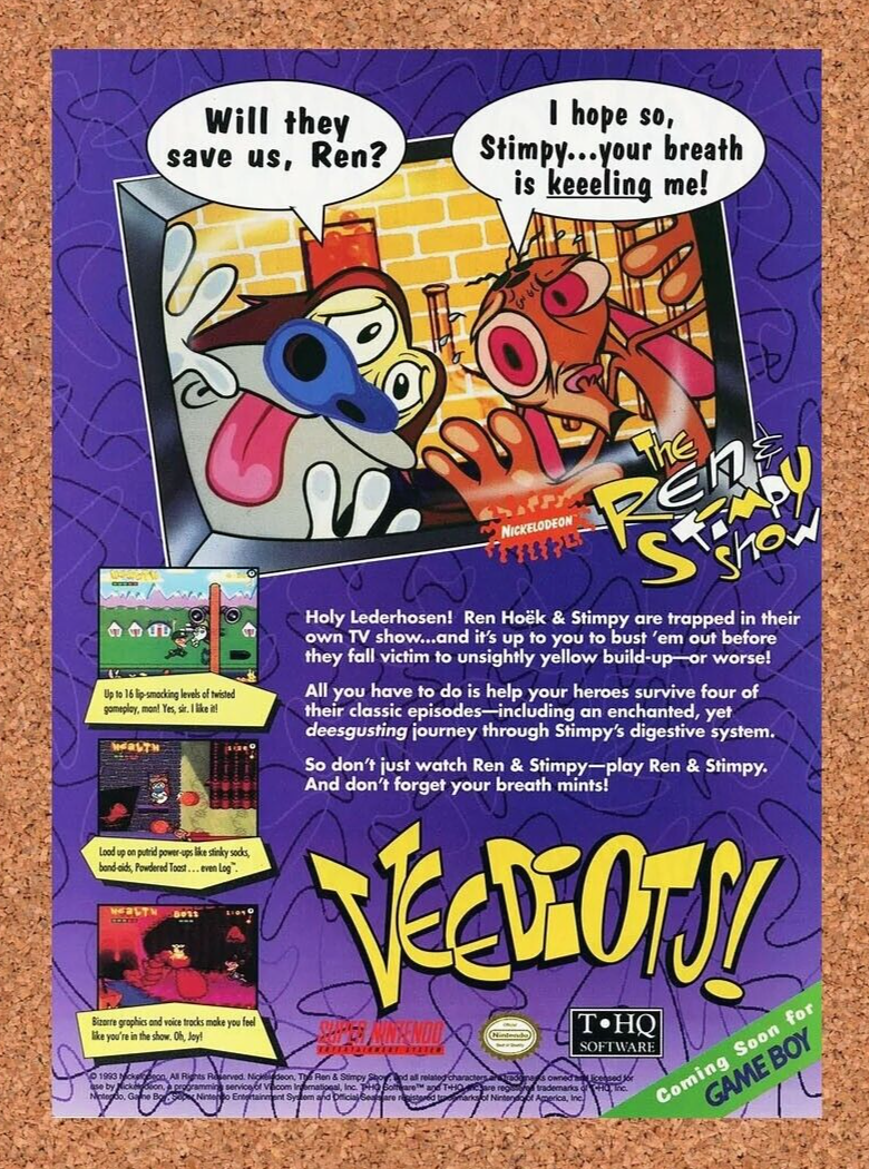 Ren And Stimpy Veediots SNES Original 1994 Ad Authentic Video Game Promo