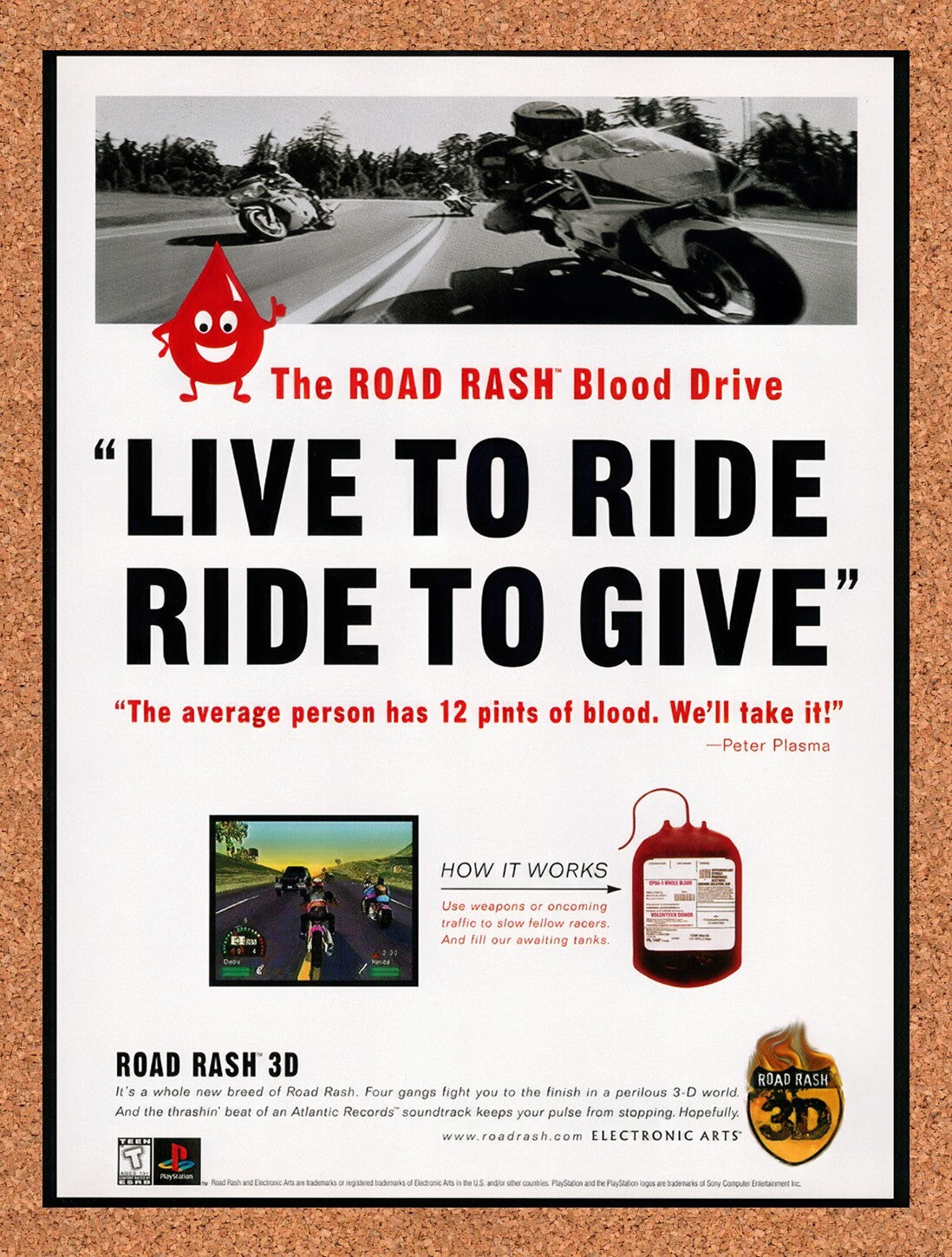 1998 Road Rash 3D PS1 Original Advertisement / Retro Wall Art v2