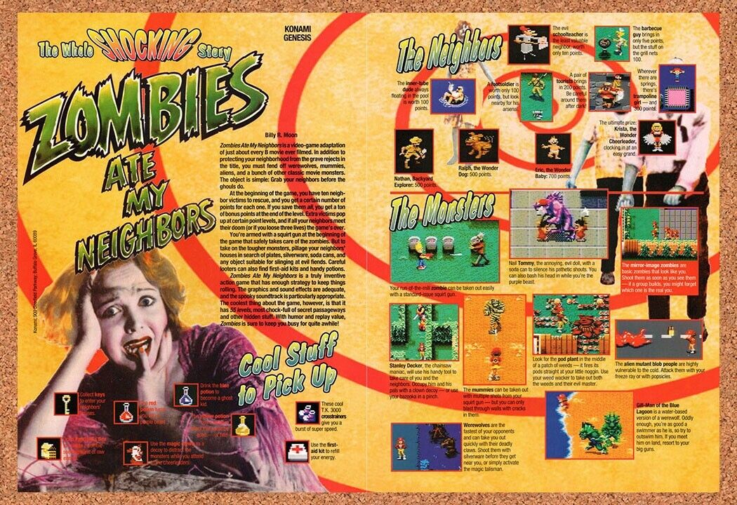1993 Zombies Ate My Neighbors Genesis Original Advertisement / Retro Wall Art v3