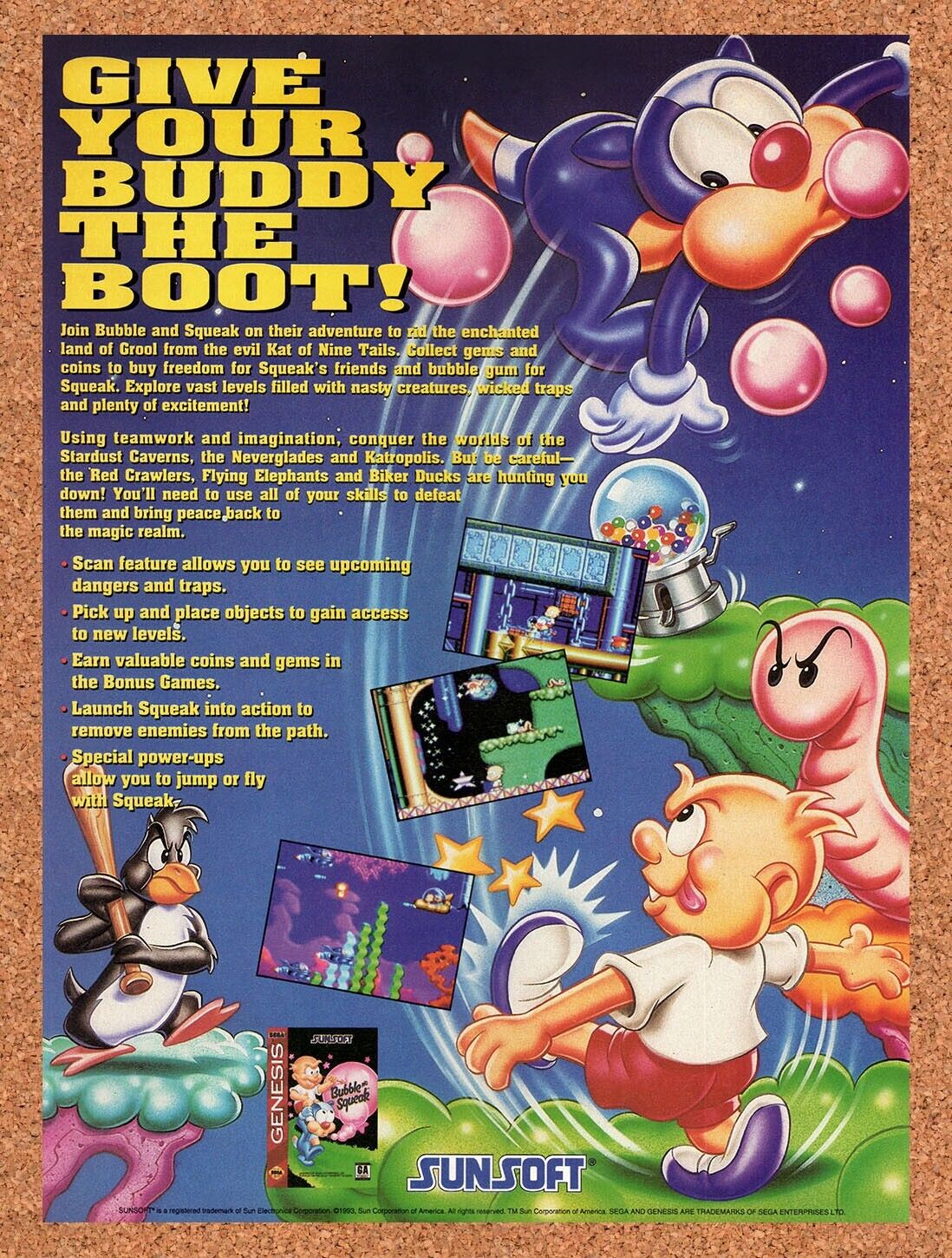 1994 Bubble Squeak Genesis Original Advertisement / Retro Wall Art v1