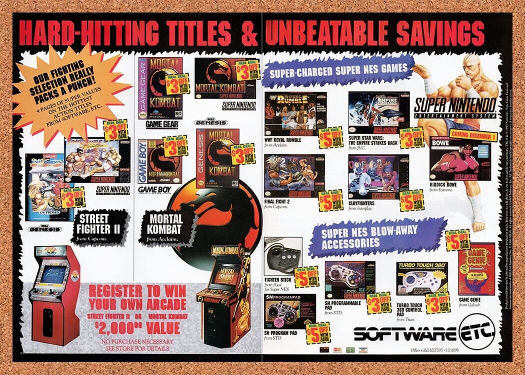 1993 Software Etc Fighting Games Original Advertisement / Retro Wall Art v2
