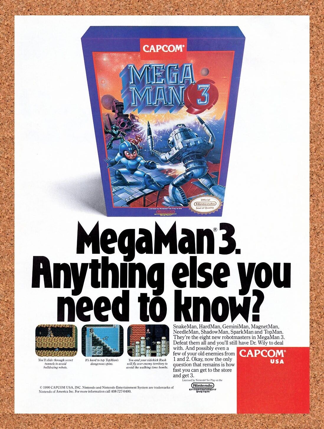 1991 Mega Man 3 NES Original Advertisement / Retro Wall Art v2