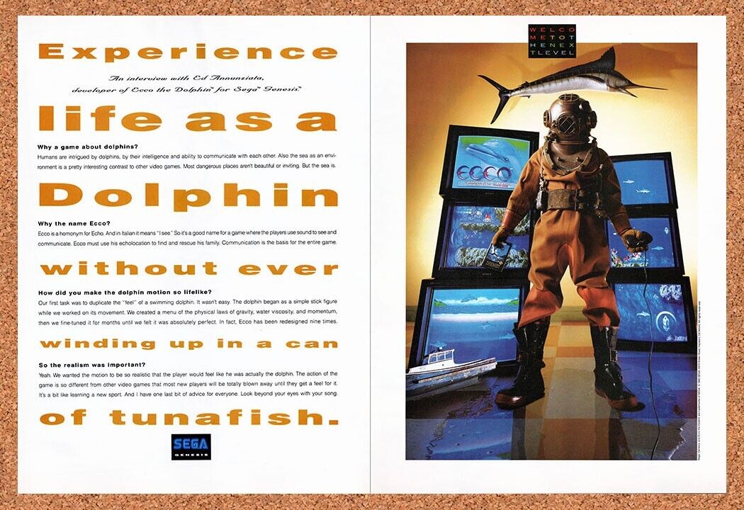 1993 Ecco The Dolphin Genesis Original Advertisement / Retro Wall Art v4