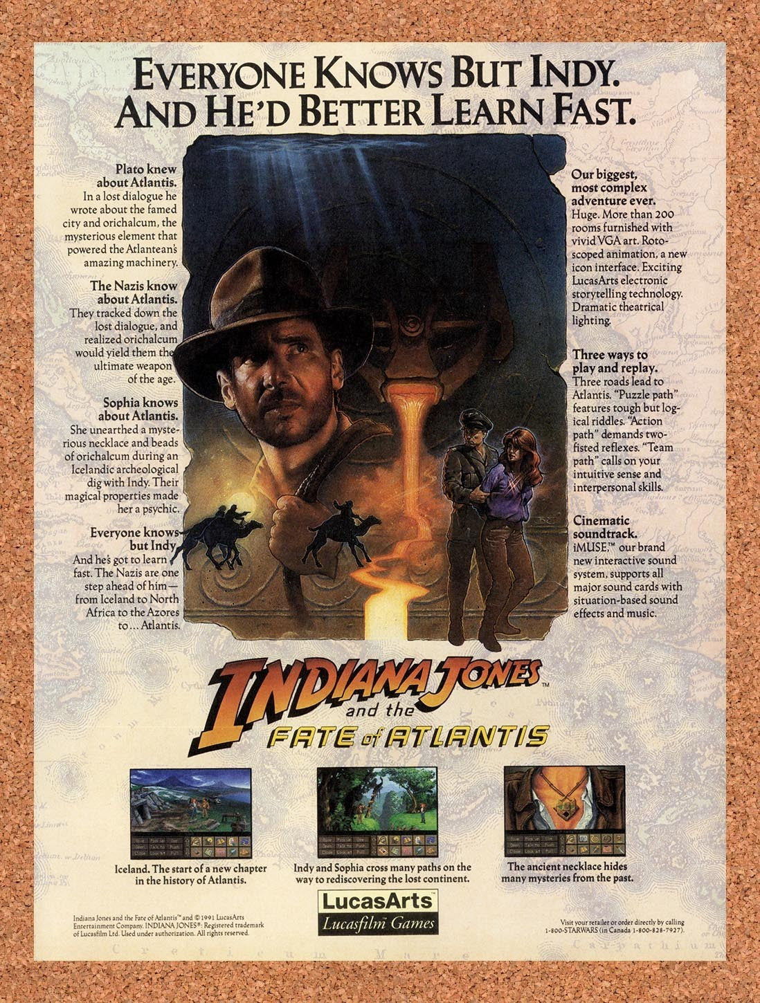 1991 Indiana Jones Fate Of Atlantis PC Original Advertisement / Retro Promo v1